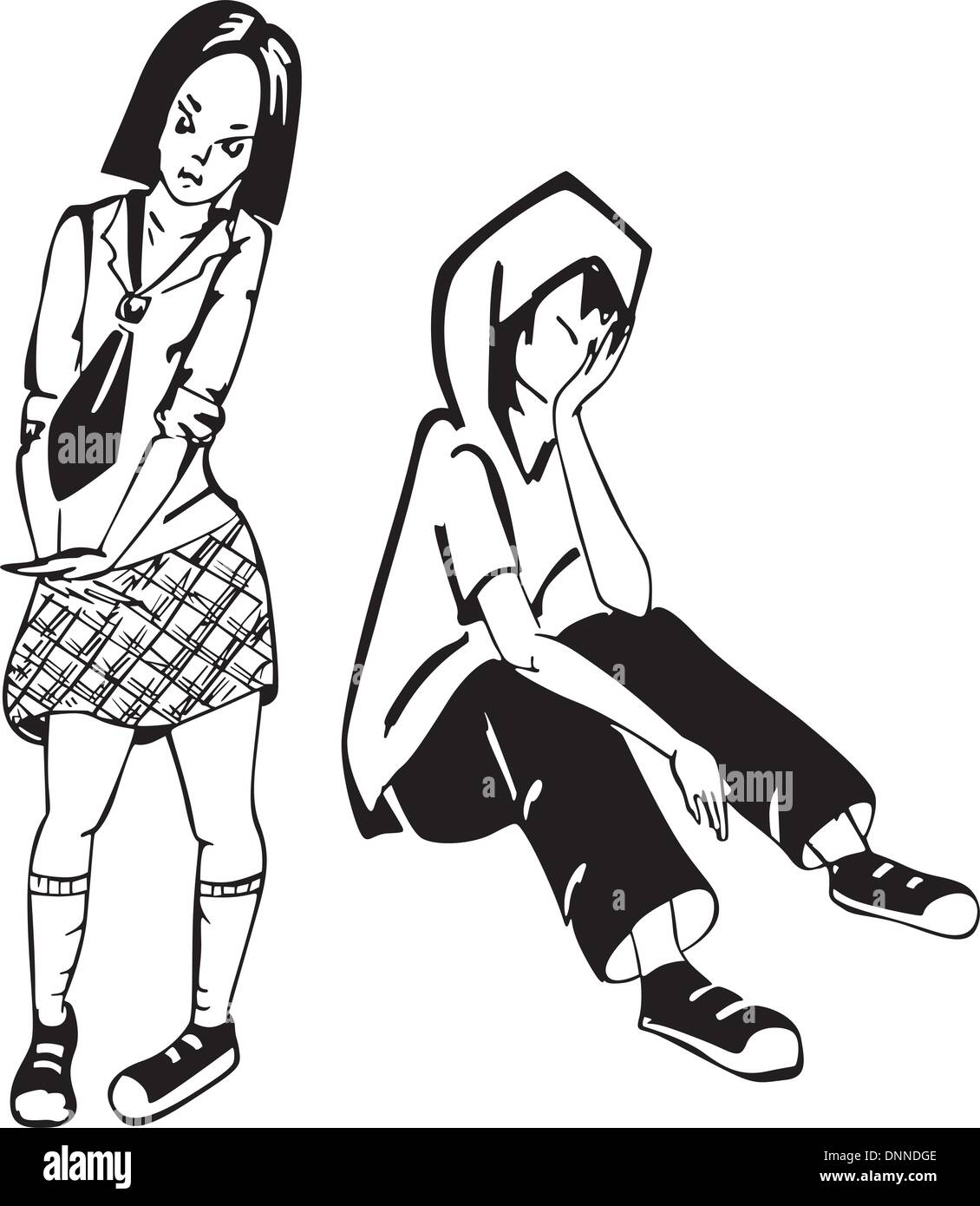 Sad Boy And Girl Black And White Vector Illustration Stock Vector