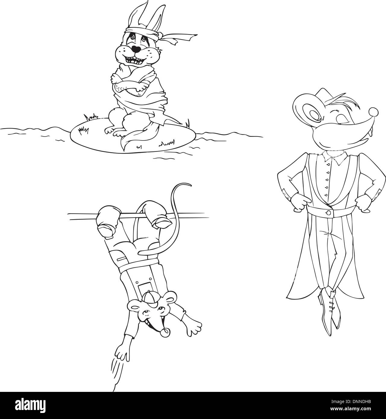 Animal cartoons. Set of black and white vector illustrations Stock ...