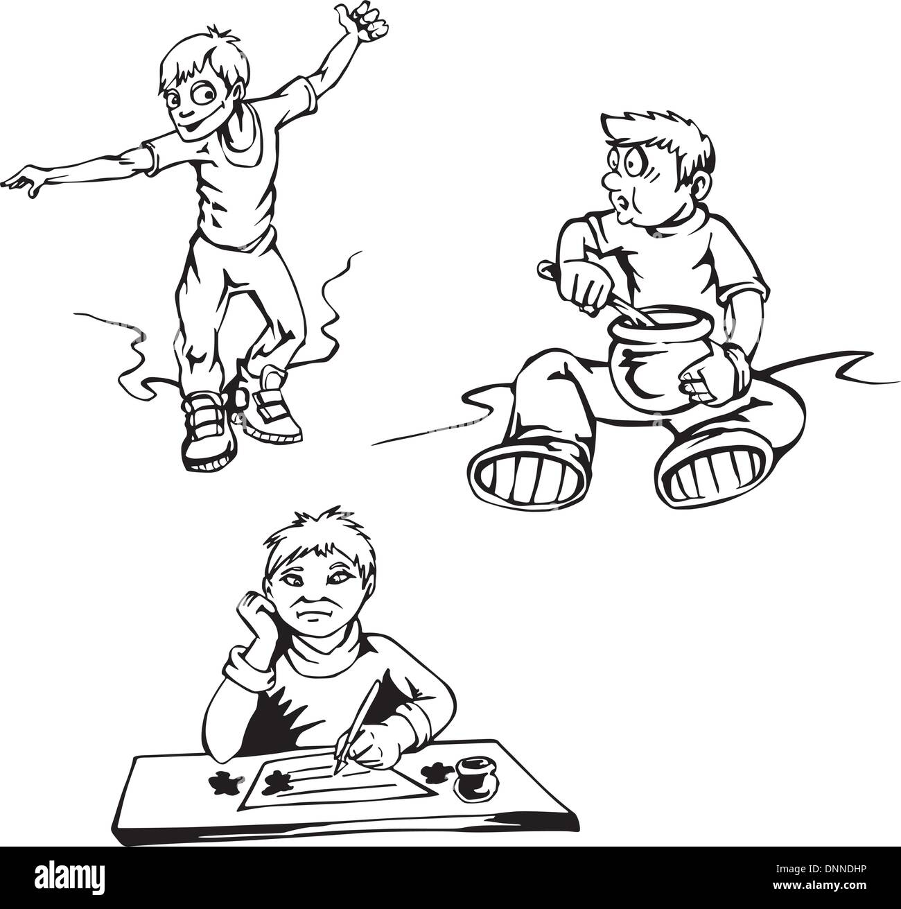 Boy cartoons. Set of black and white vector illustrations Stock Vector