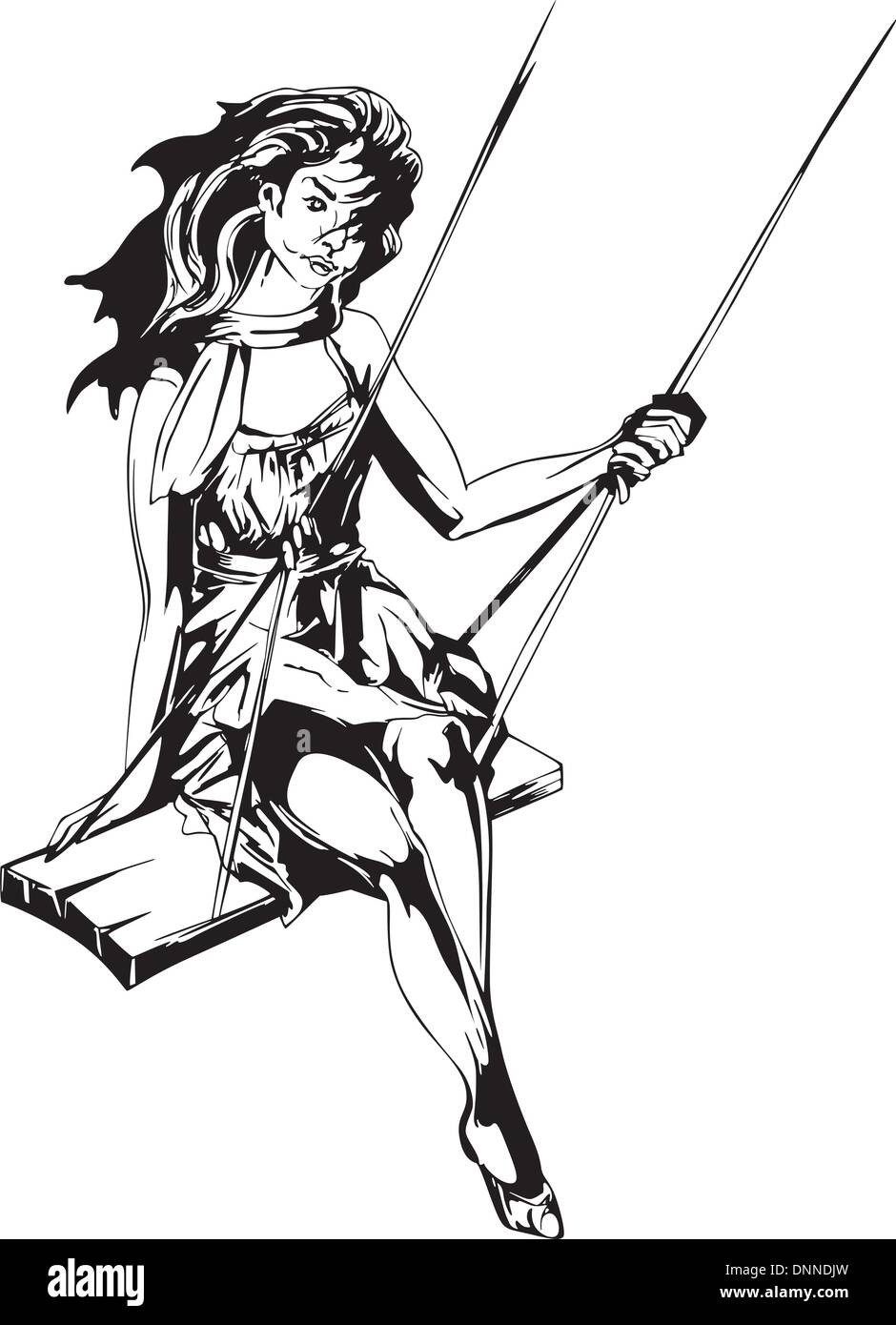 Girl on swing. Black and white vector illustration Stock Vector Image