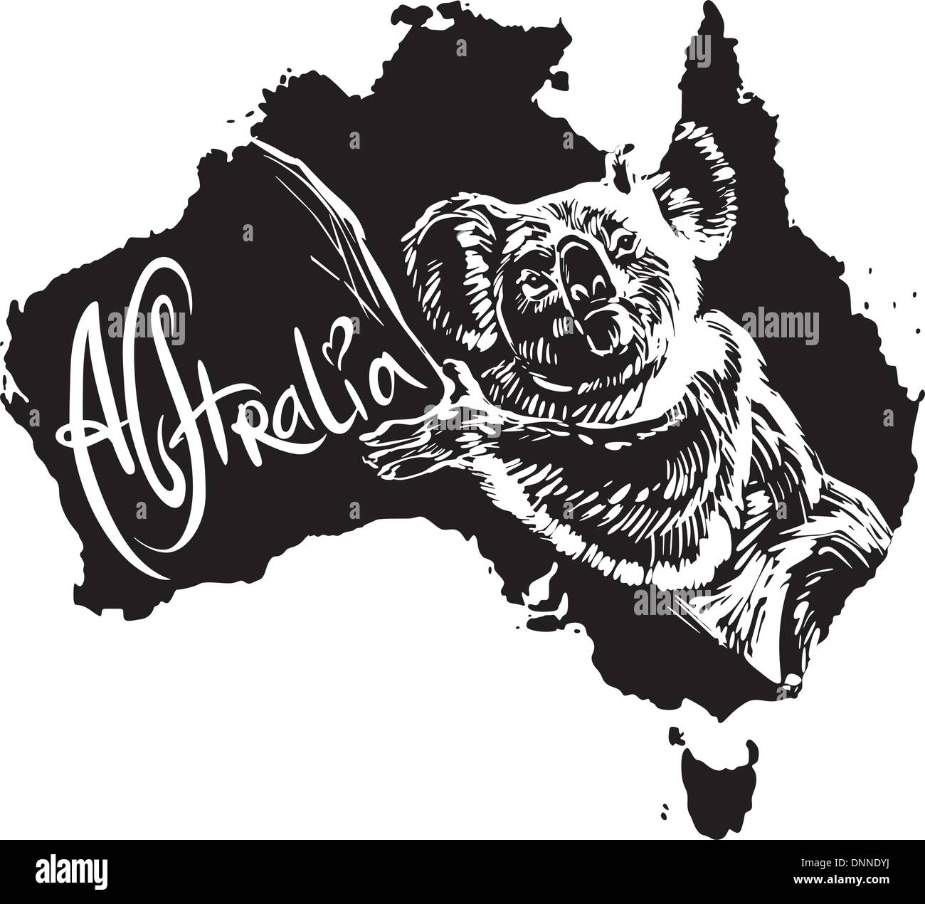 Koala (Phascolarctos cinereus) on map of Australia. Black and white ...