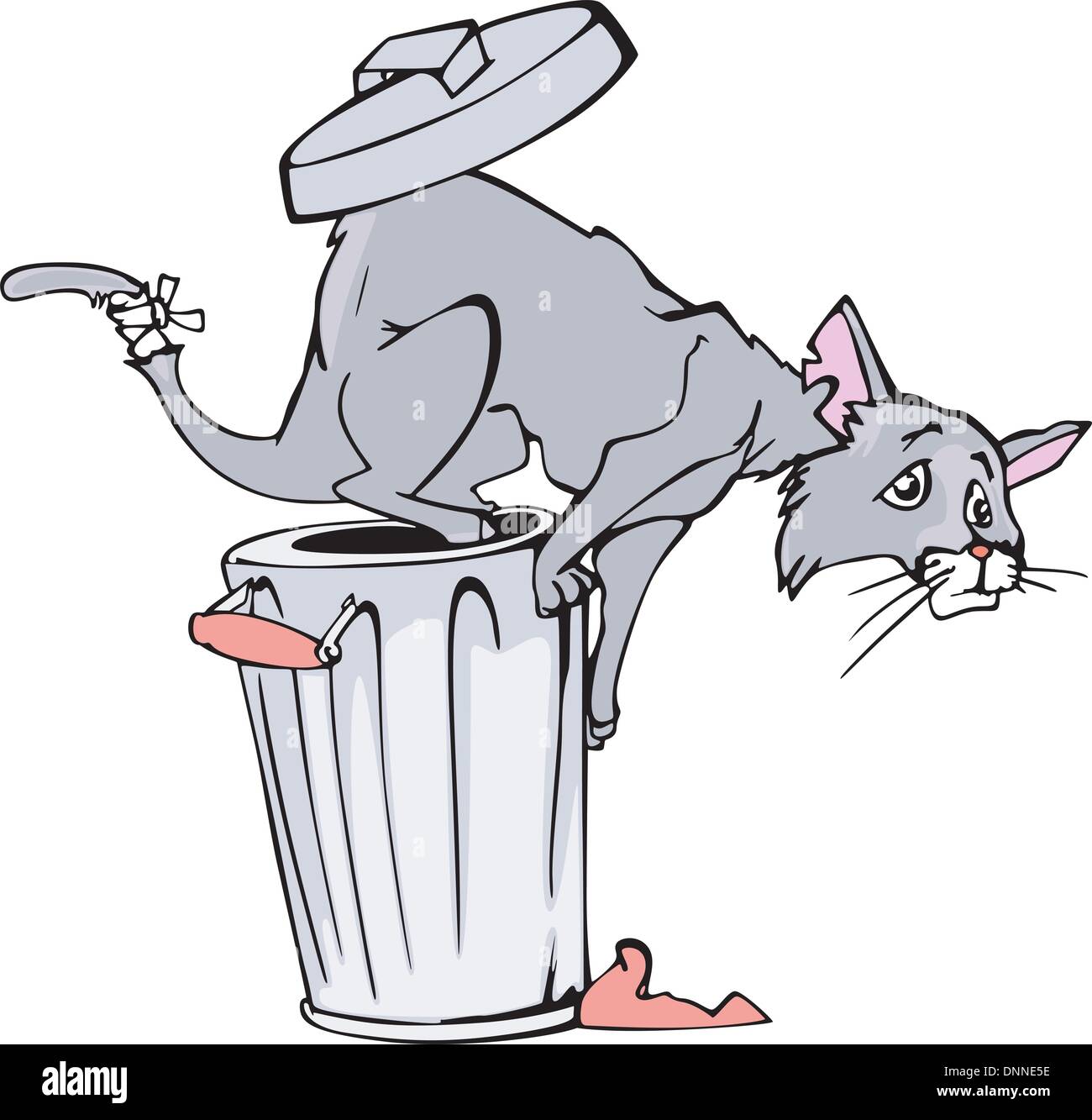 Cartoonial cat jumping from a refuse bin. Vector vinyl-ready EPS illustration. Stock Vector