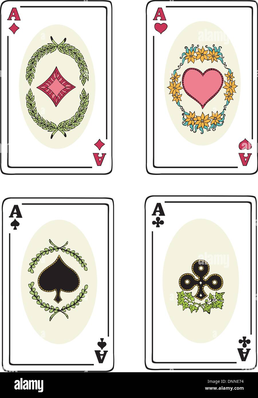 Four aces spades, hearts, clubs and diamonds. Vector Vinylready EPS