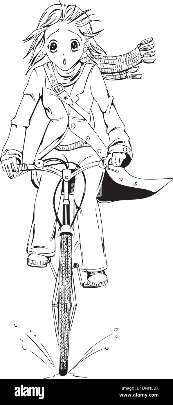 Anime Girl Bicyclist Black And White Vector Illustration Stock Vector Image Art Alamy