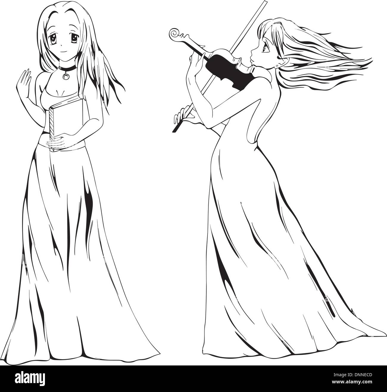 Anime Girls With Book And Violin Black And White Vector Illustration Stock Vector Image Art Alamy