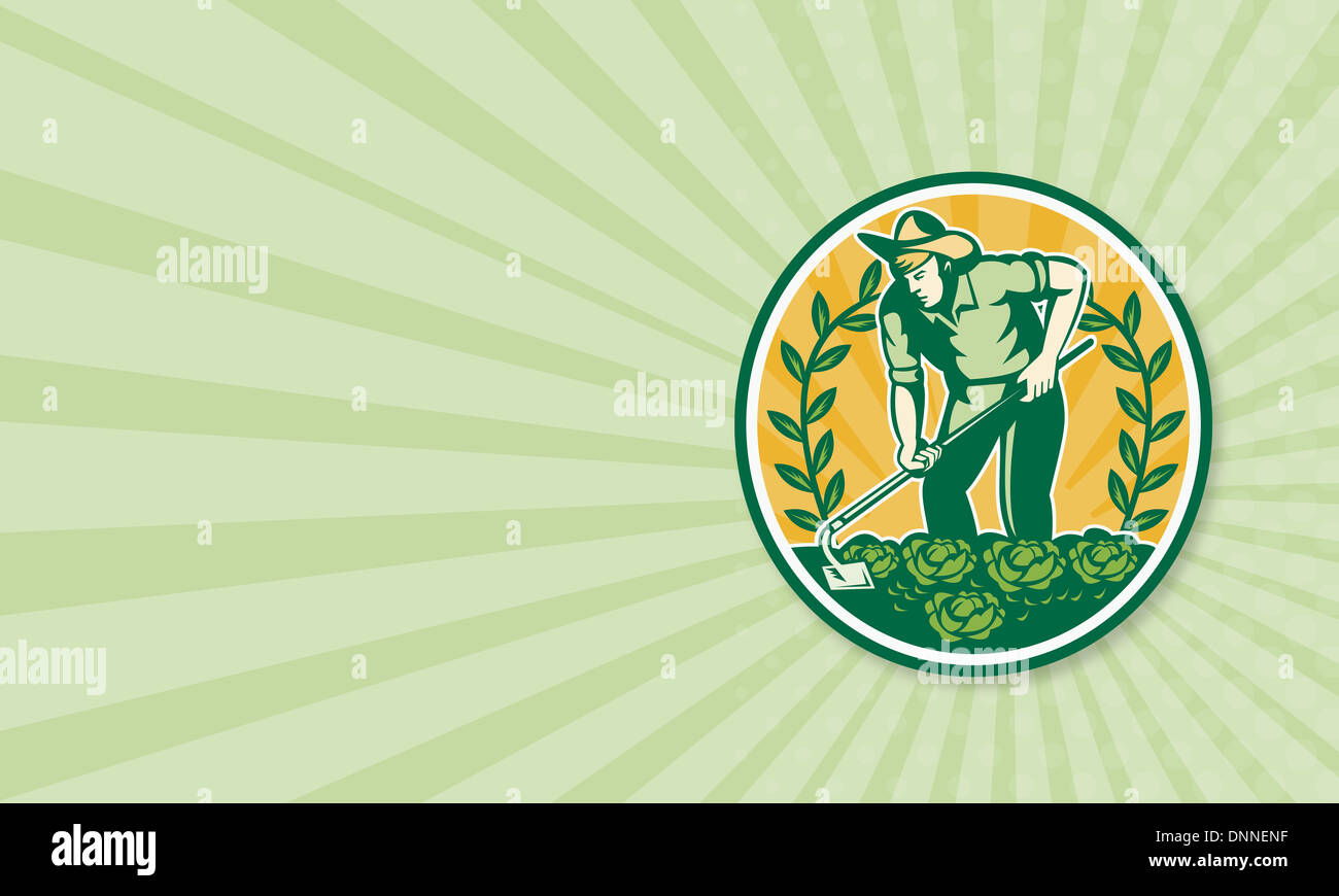 Business card template showing illustration of a farmer gardener with ...