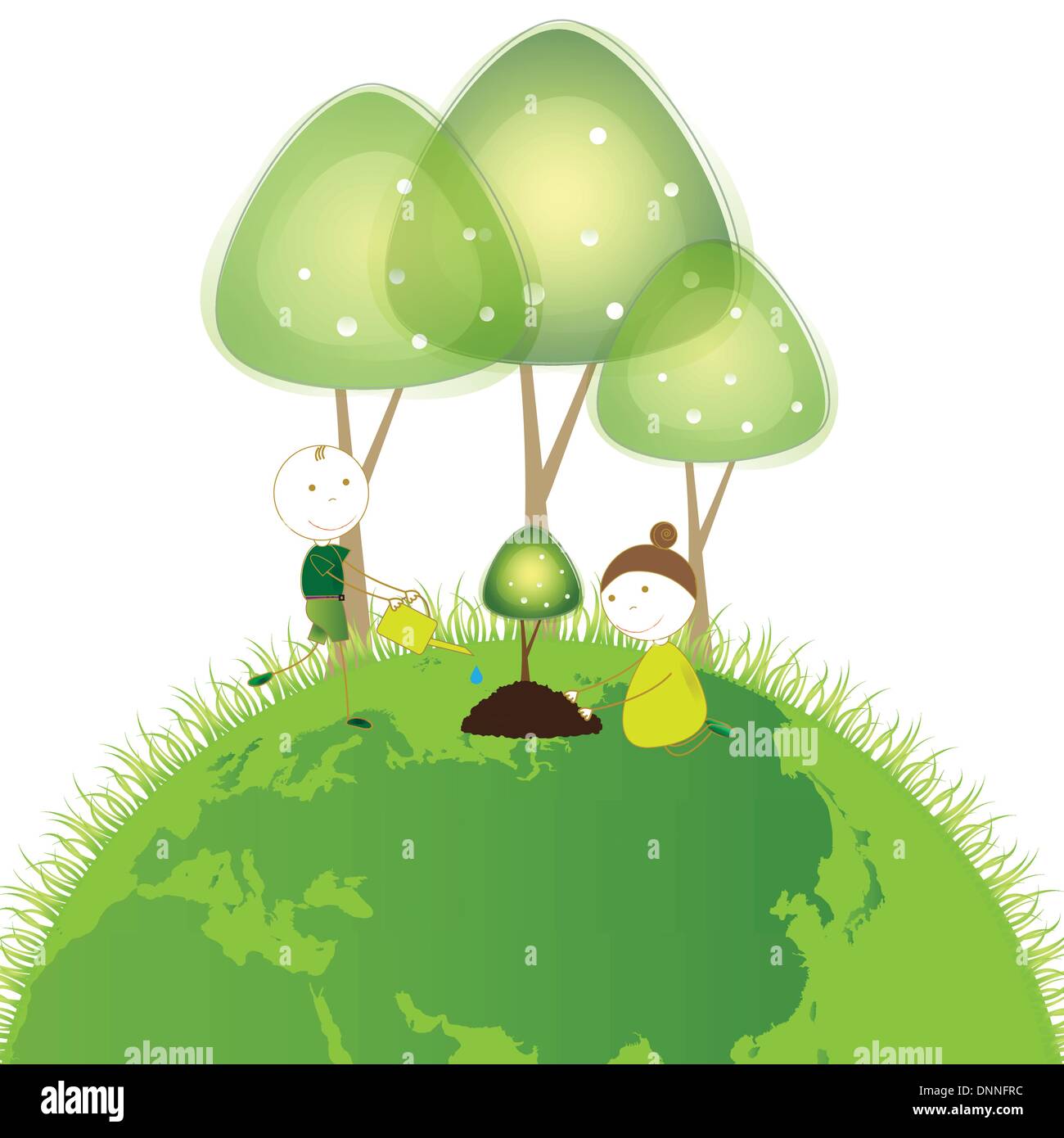 Happy girls and boys plant green trees Stock Vector