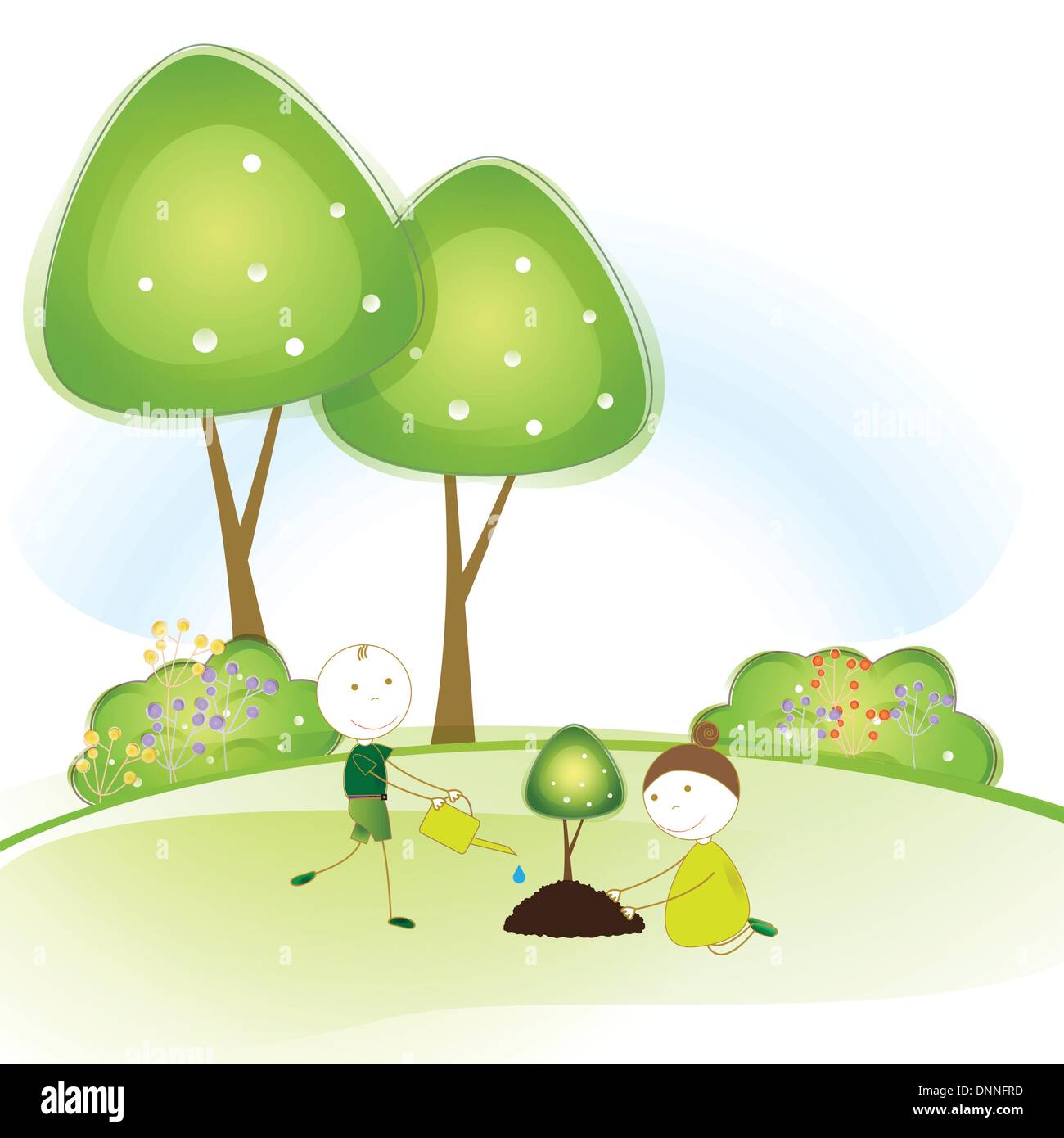 Happy girls and boys plant green trees Stock Vector