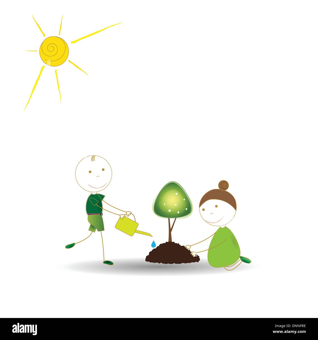 Happy girls and boys plant green trees Stock Vector