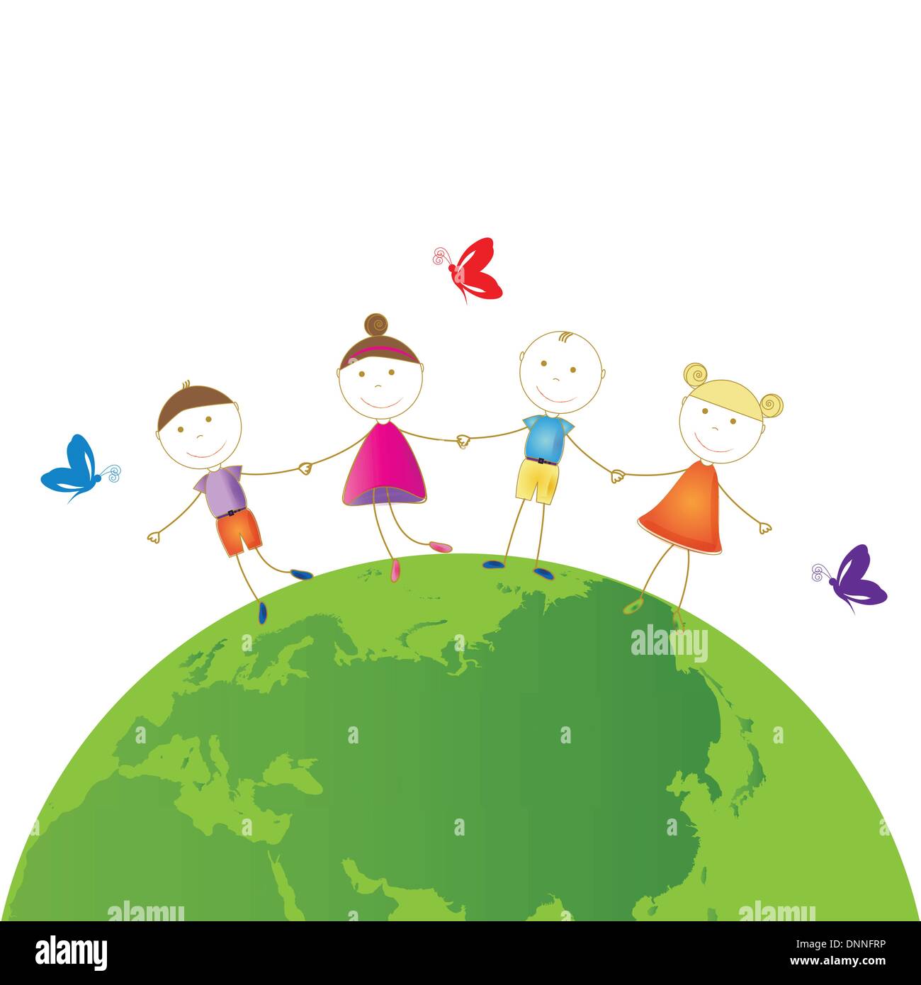 Happy girls and boys on green globe Stock Vector