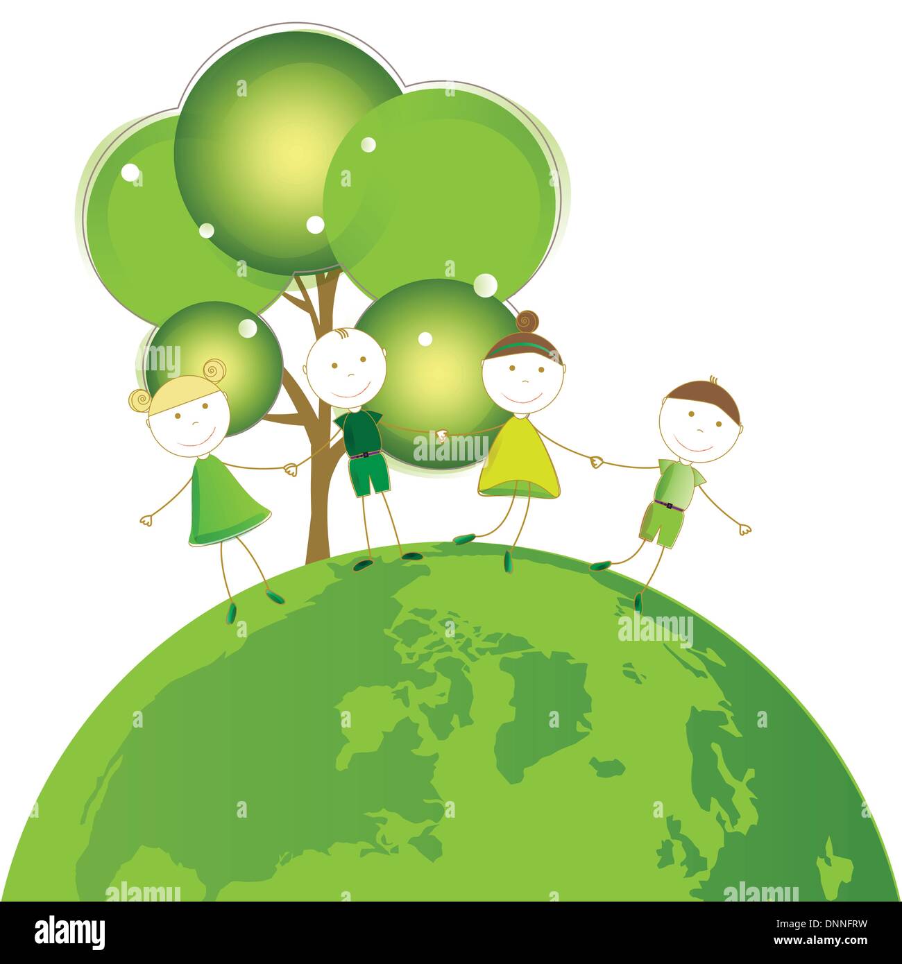 Happy girls and boys on green globe Stock Vector