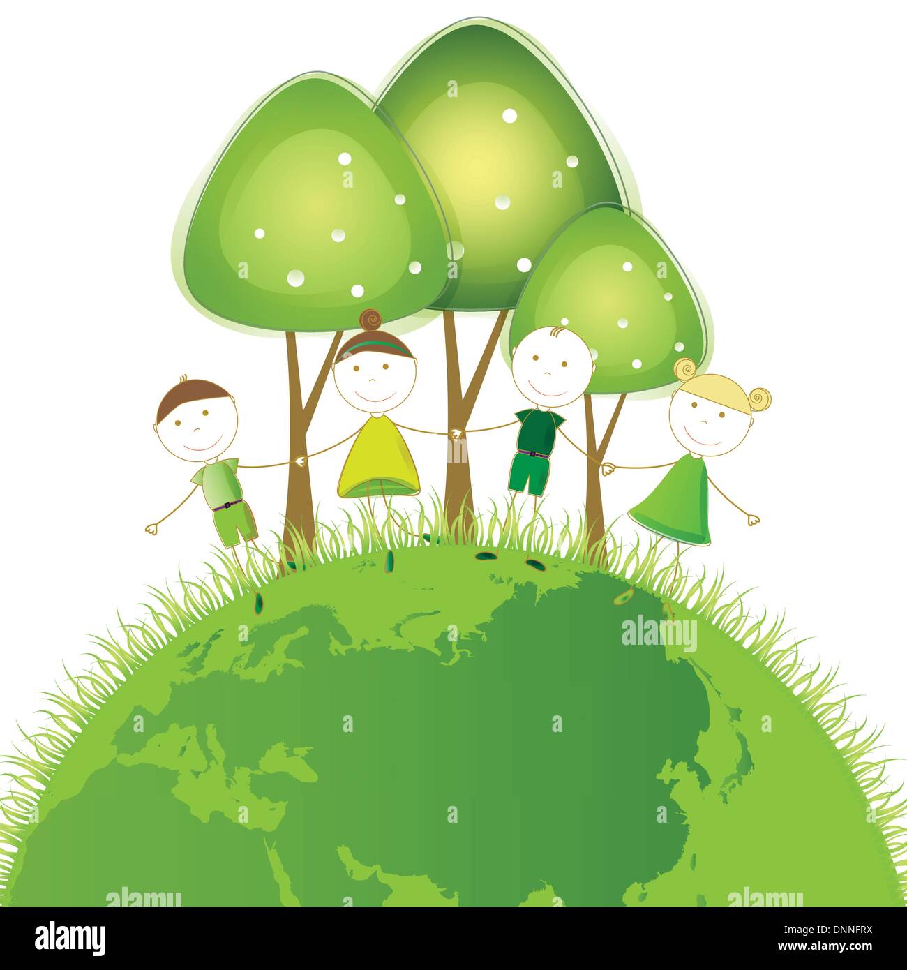 Happy girls and boys on green globe Stock Vector