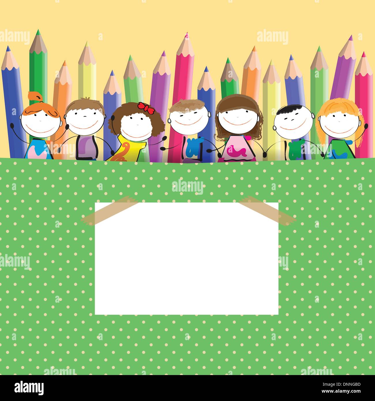 Background with happy kids and colorful crayons Stock Vector Image ...