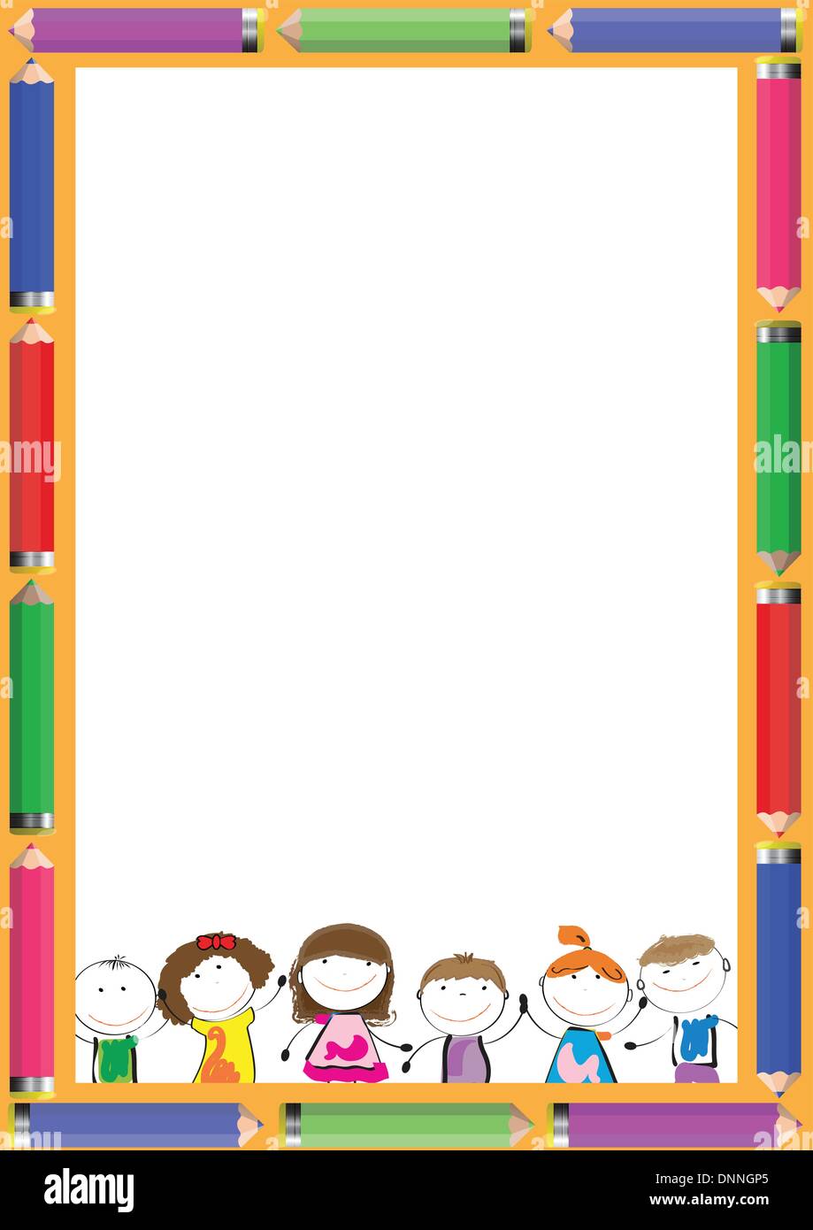 Frame with colorful crayons and happy kids Stock Vector Image & Art - Alamy