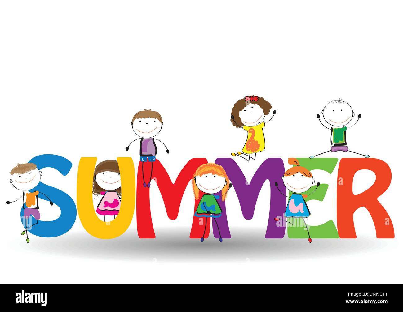 Word summer with colorful and happy kids Stock Vector