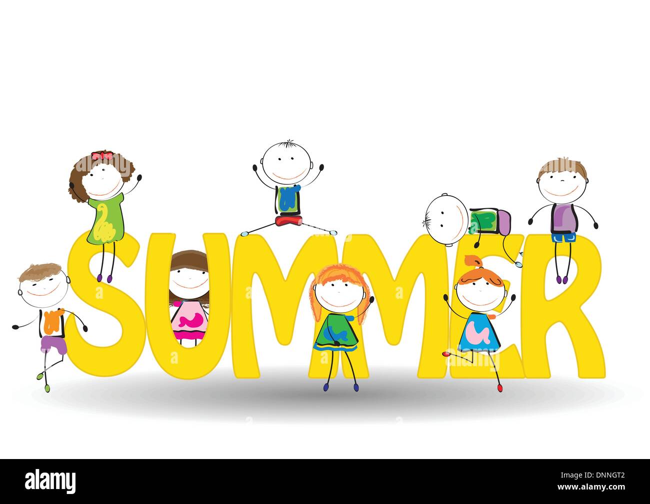 Word summer with colorful and happy kids Stock Vector