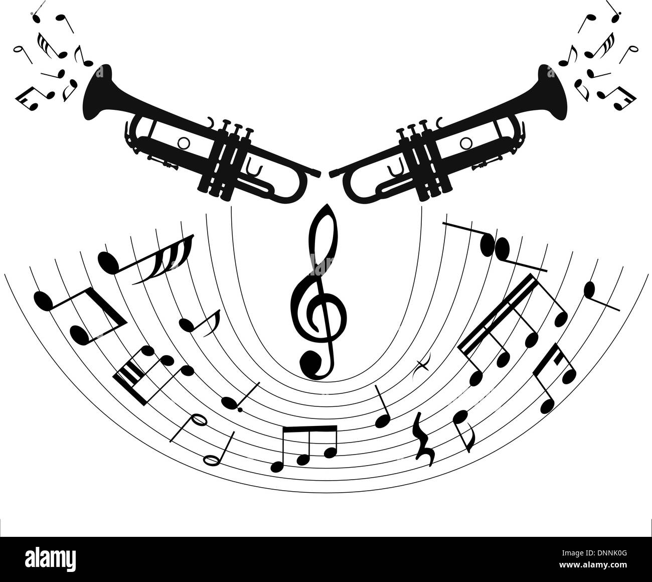 Abstract music background with different notes and wind instrument