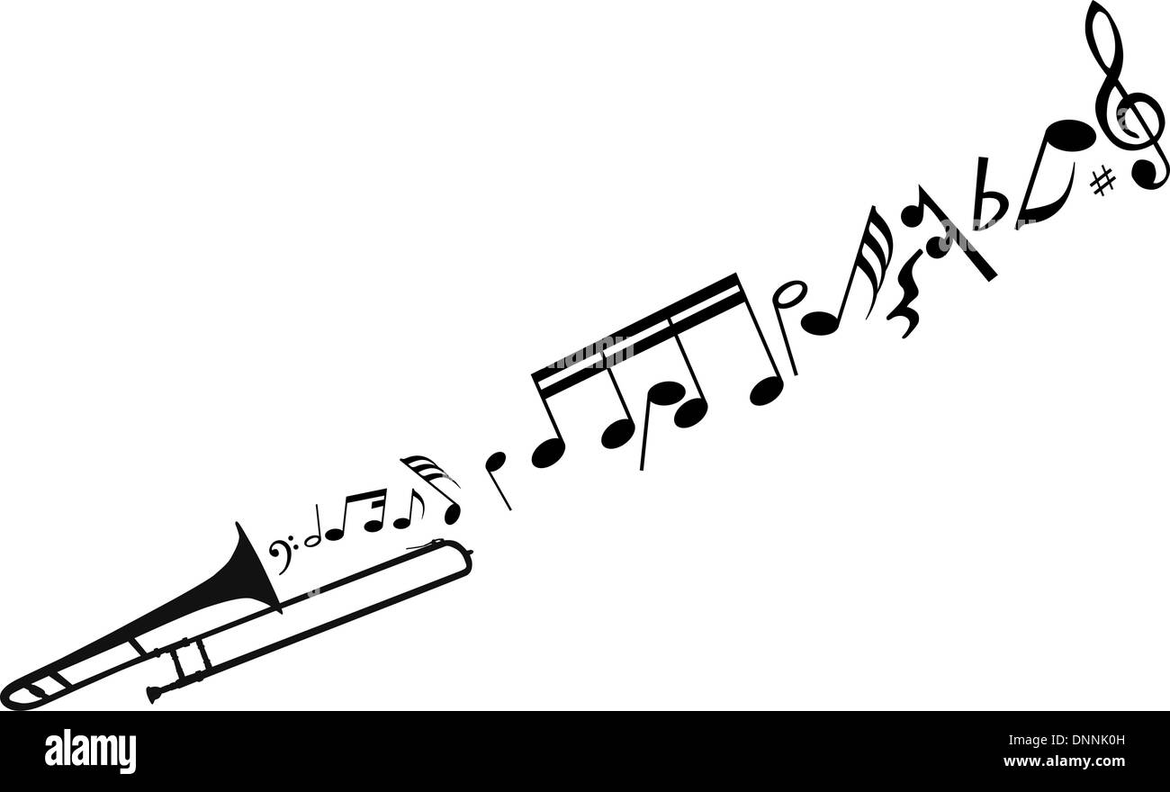 Abstract music background with different notes and wind instrument