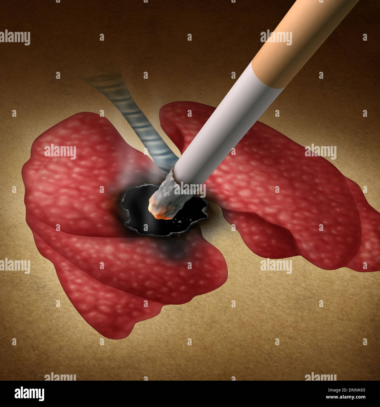 Smoking health effects concept with a cigarette burning a hole into a