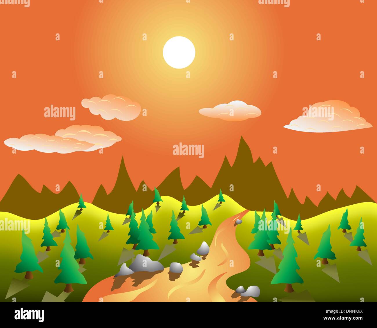 Vector color summer landscape background with trees and river Stock ...