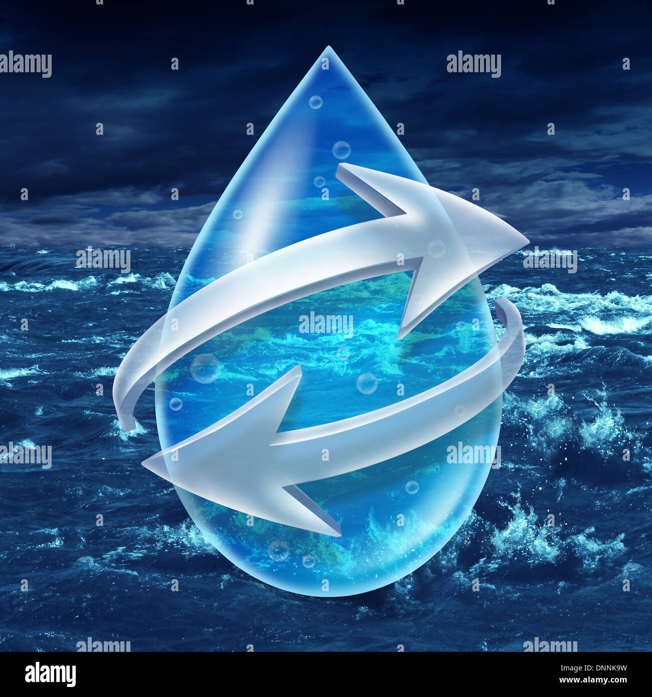 Water sanitation and recycling H2o concept with a water droplet encircled with two arrows on an ocean or body of water with waves as a metaphor for clean purified drinking without the fear of toxic contamination. Stock Photo