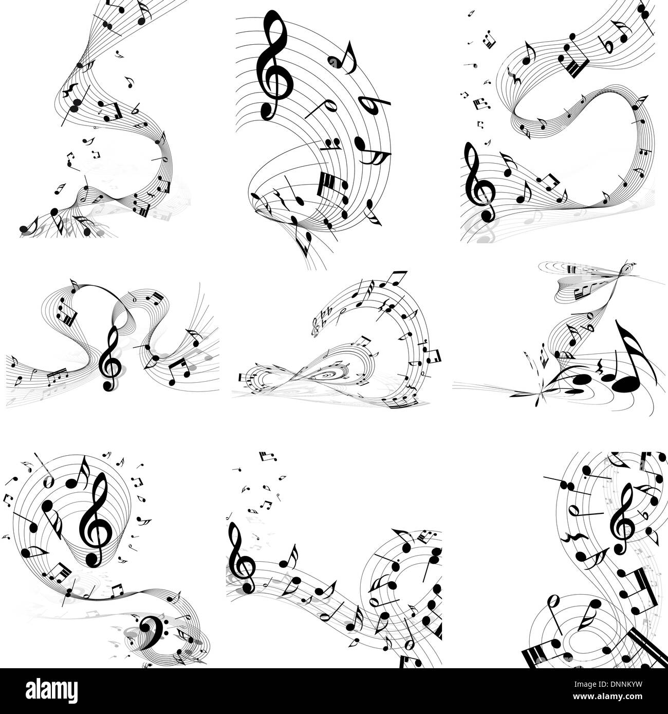 Musical note staff set. Nine images. Vector illustration. Stock Vector