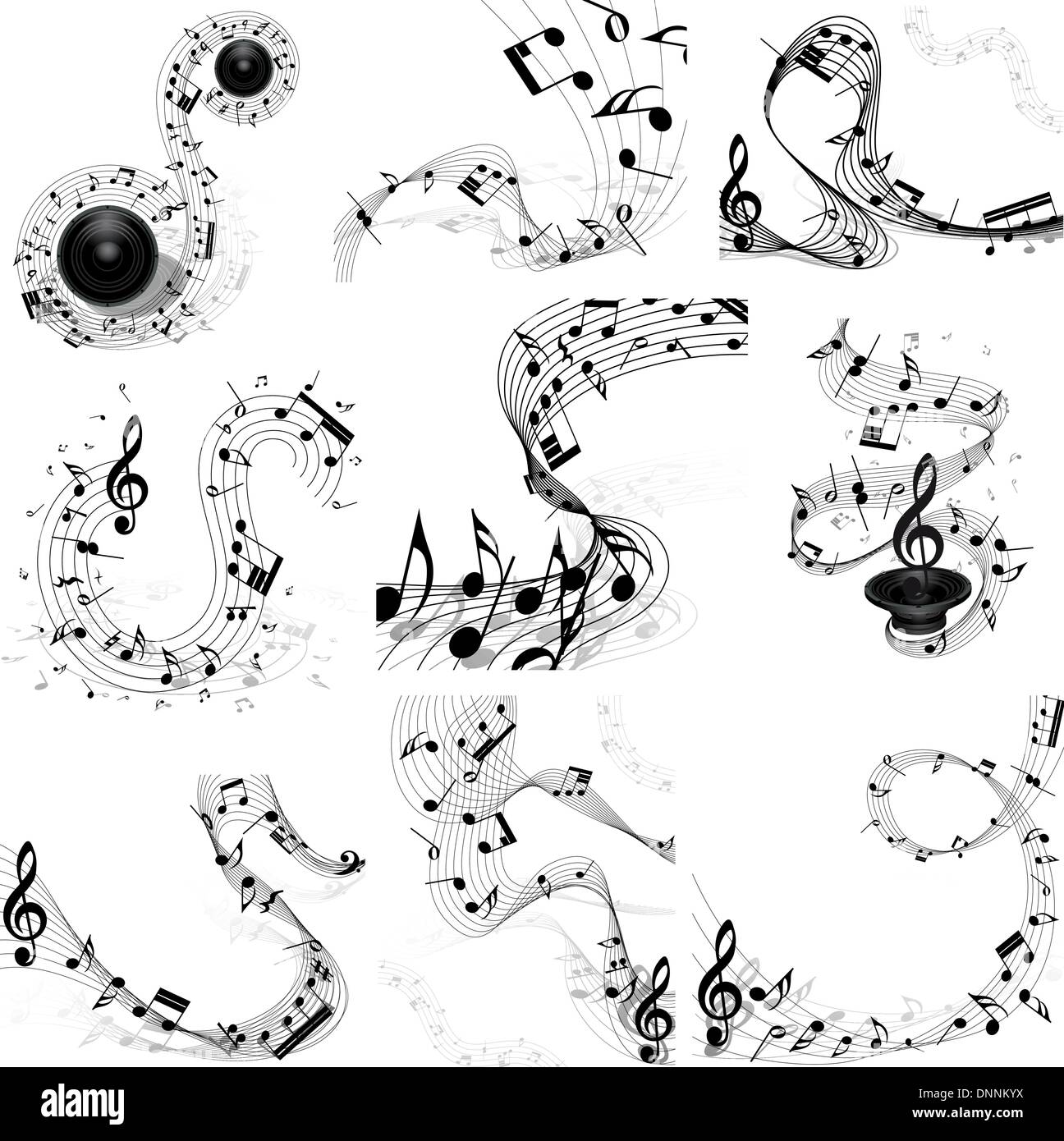 Musical note staff set. Nine images. Vector illustration. Stock Vector
