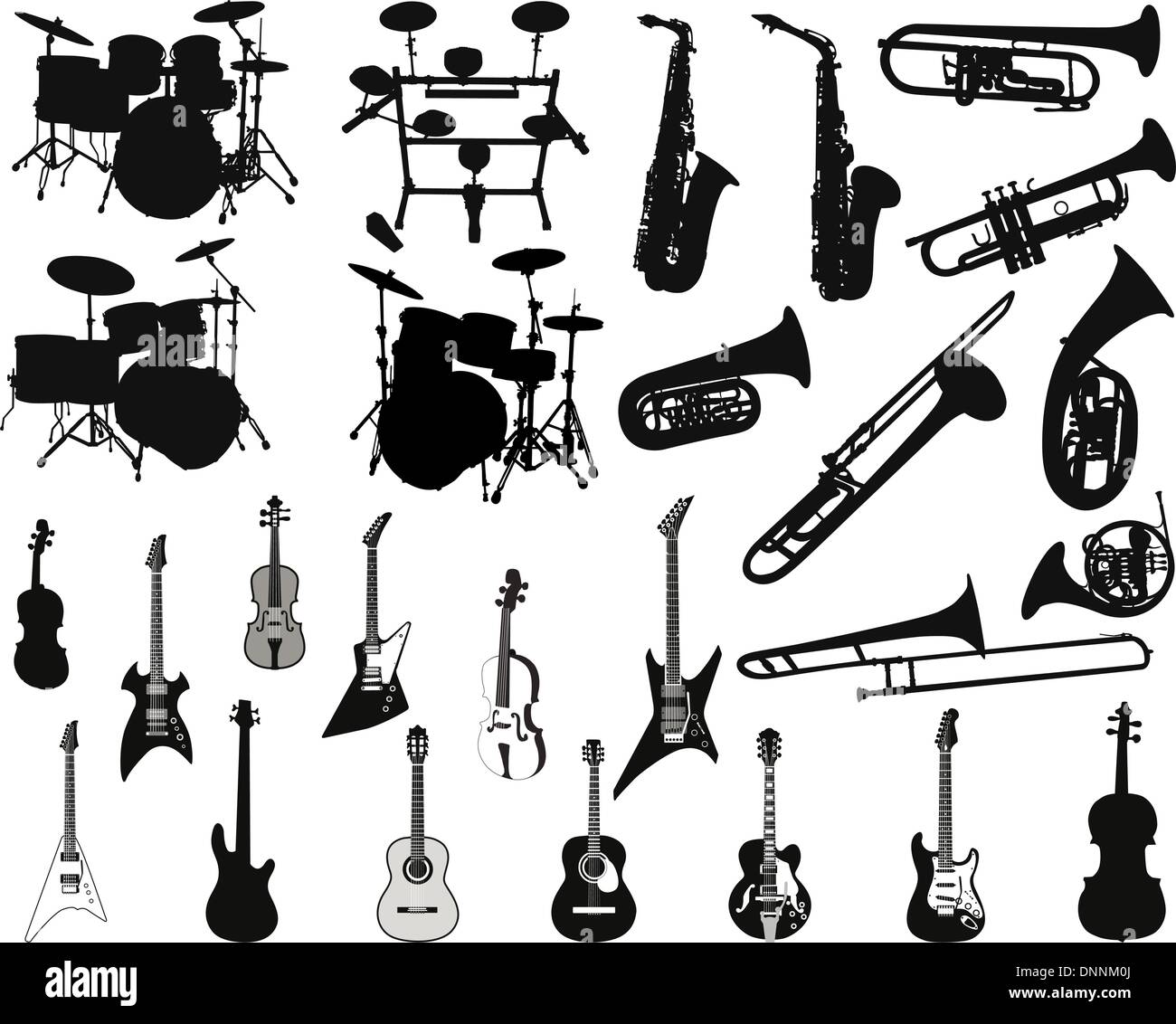 Set of different stringed, wind and percussion instruments Stock Vector