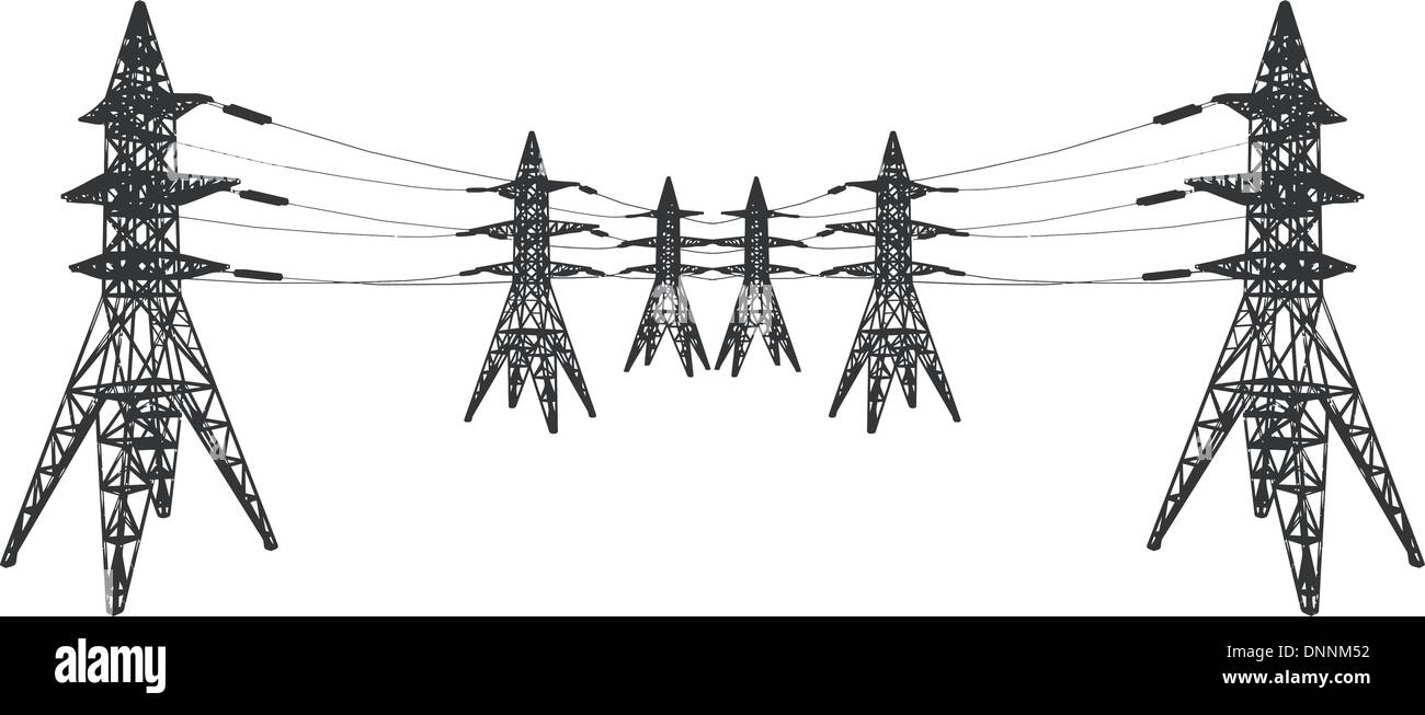 Vector silhouette of Power lines and electric pylons on white Stock