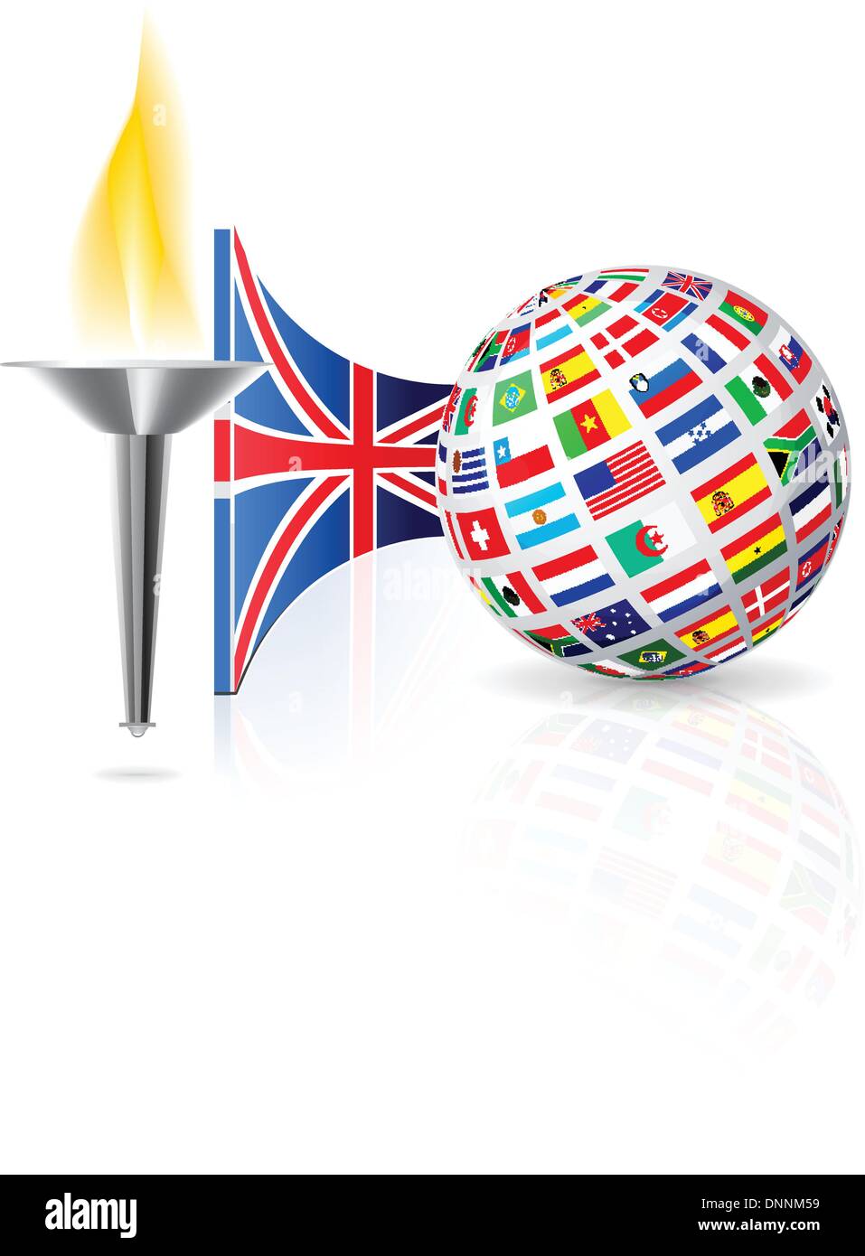 Torch with flame with england flag and globe from flags other countries. Vector illustration Stock Vector
