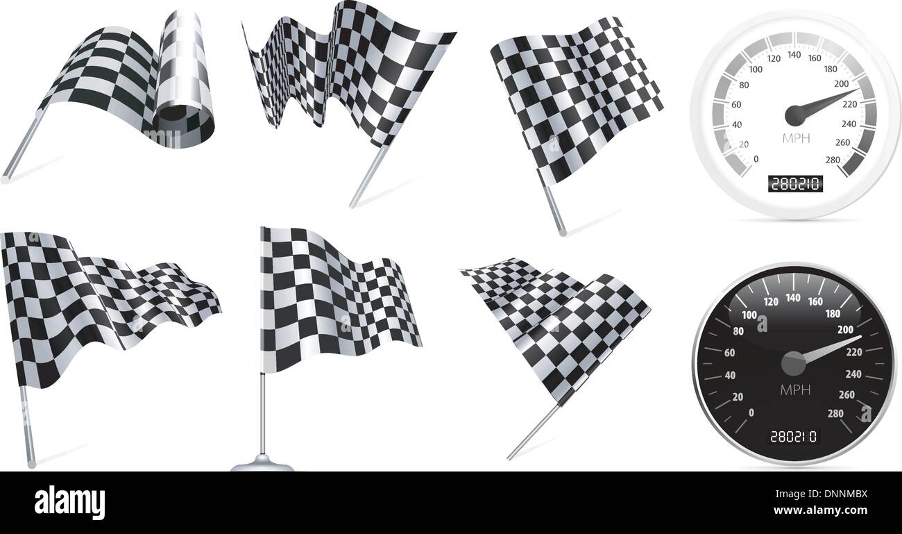 Checkered Flags set with speedometer illustration on white background ...