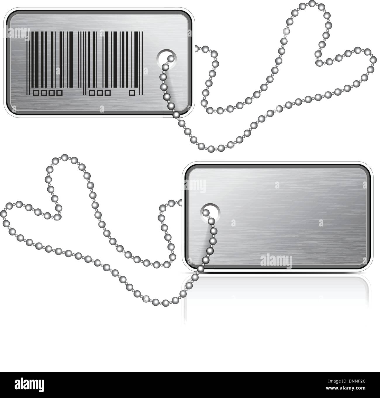 Metallic tag and chain,tag showing brushed metal texture and barcode