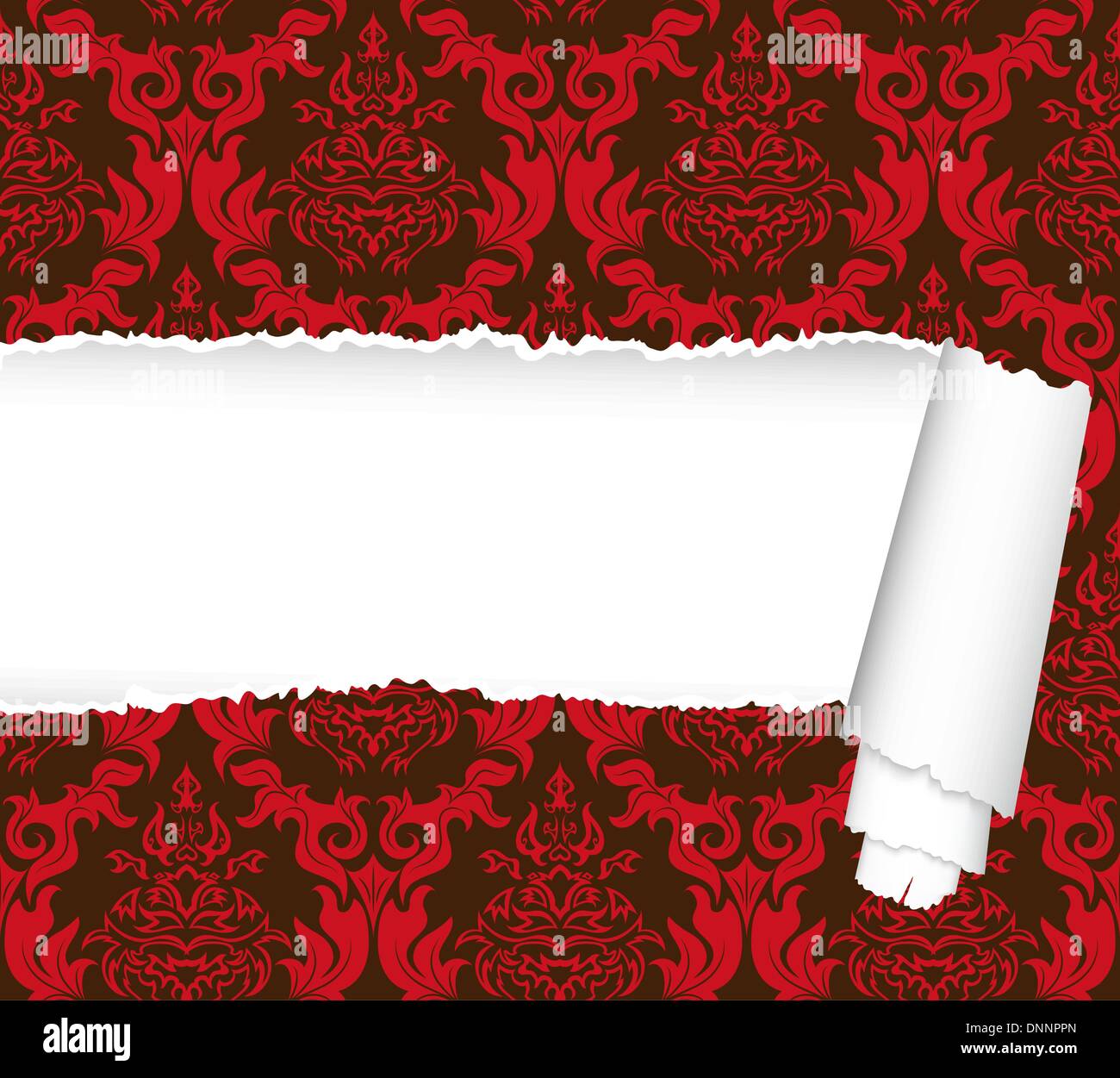 Damask seamless vector pattern with ripped copy-space for your text. For easy making seamless pattern just drag ornate group into swatches bar, and use it for filling any contours. Stock Vector
