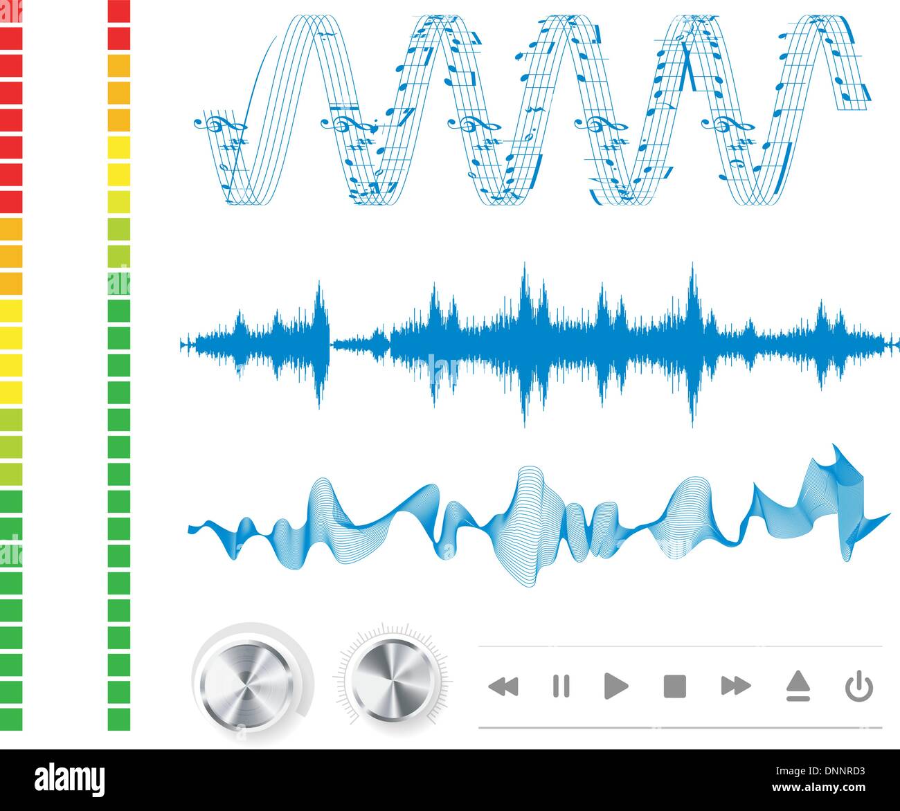 Notes, buttons and sound waves. Music background Stock Vector Image