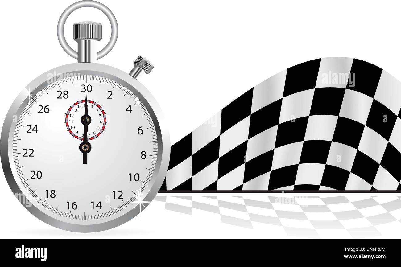 Checkered flag with a stopwatch on white background Stock Vector