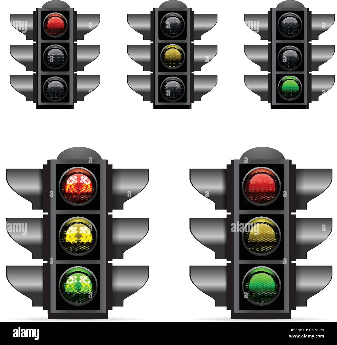 raffic lights with red, yellow and green lights on white background Stock Vector