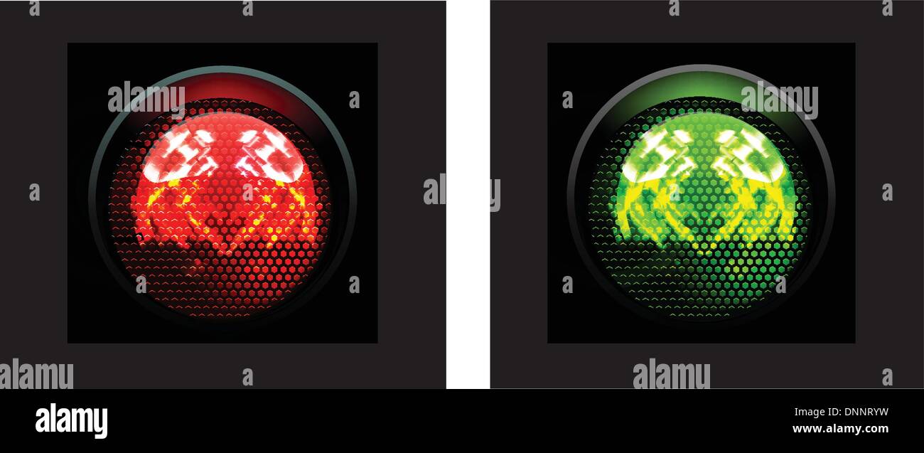 Red and green traffic light, isolated on black background. Vector illustration Stock Vector