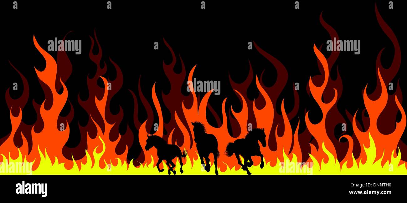 Horse silhouettes with flame tongues. Vector illustration. Stock Vector