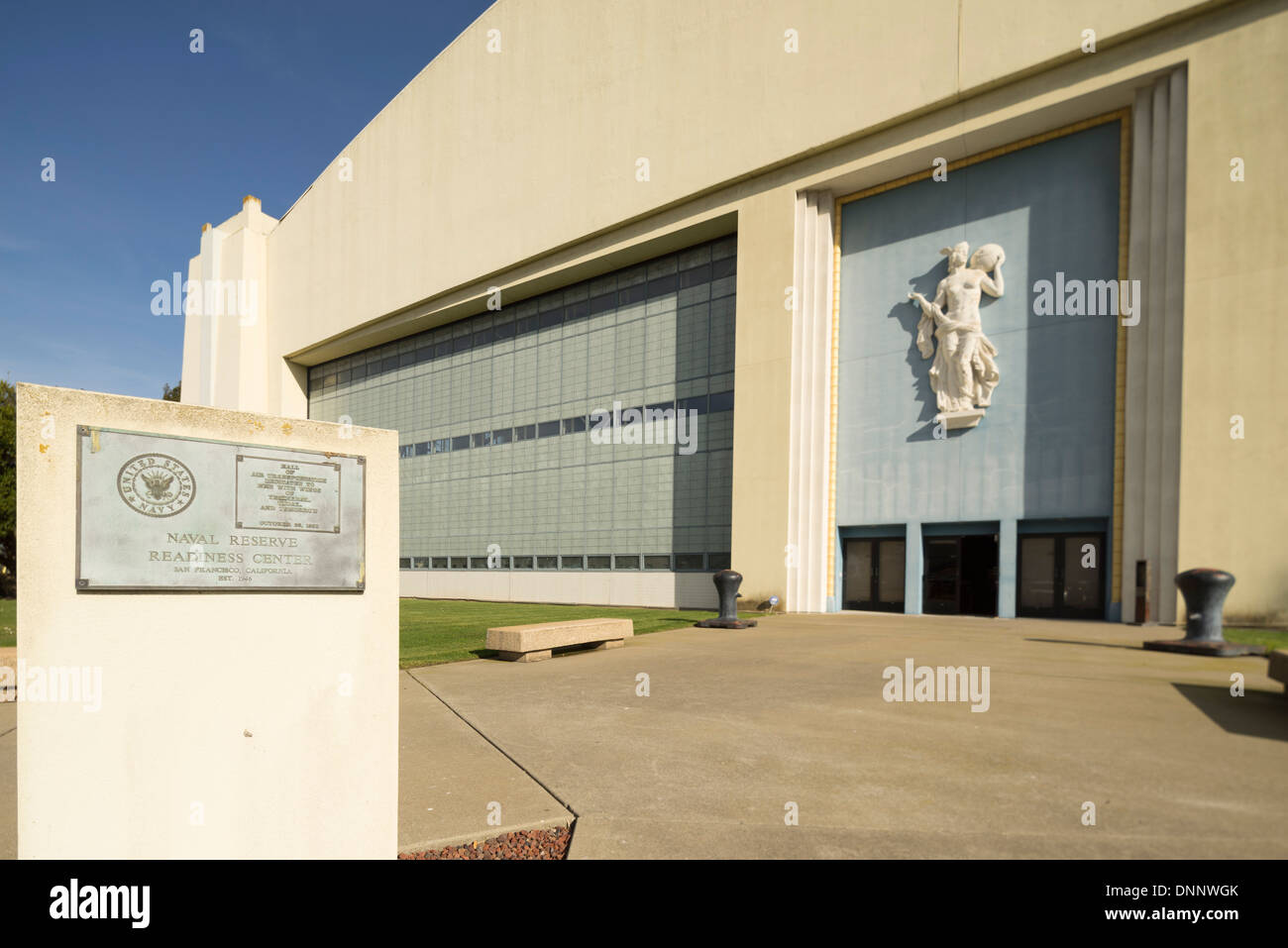 Old hangars on Treasure Island. Naval Reserve and Readiness Center. Now occupied by wineries and film production facilities. Stock Photo