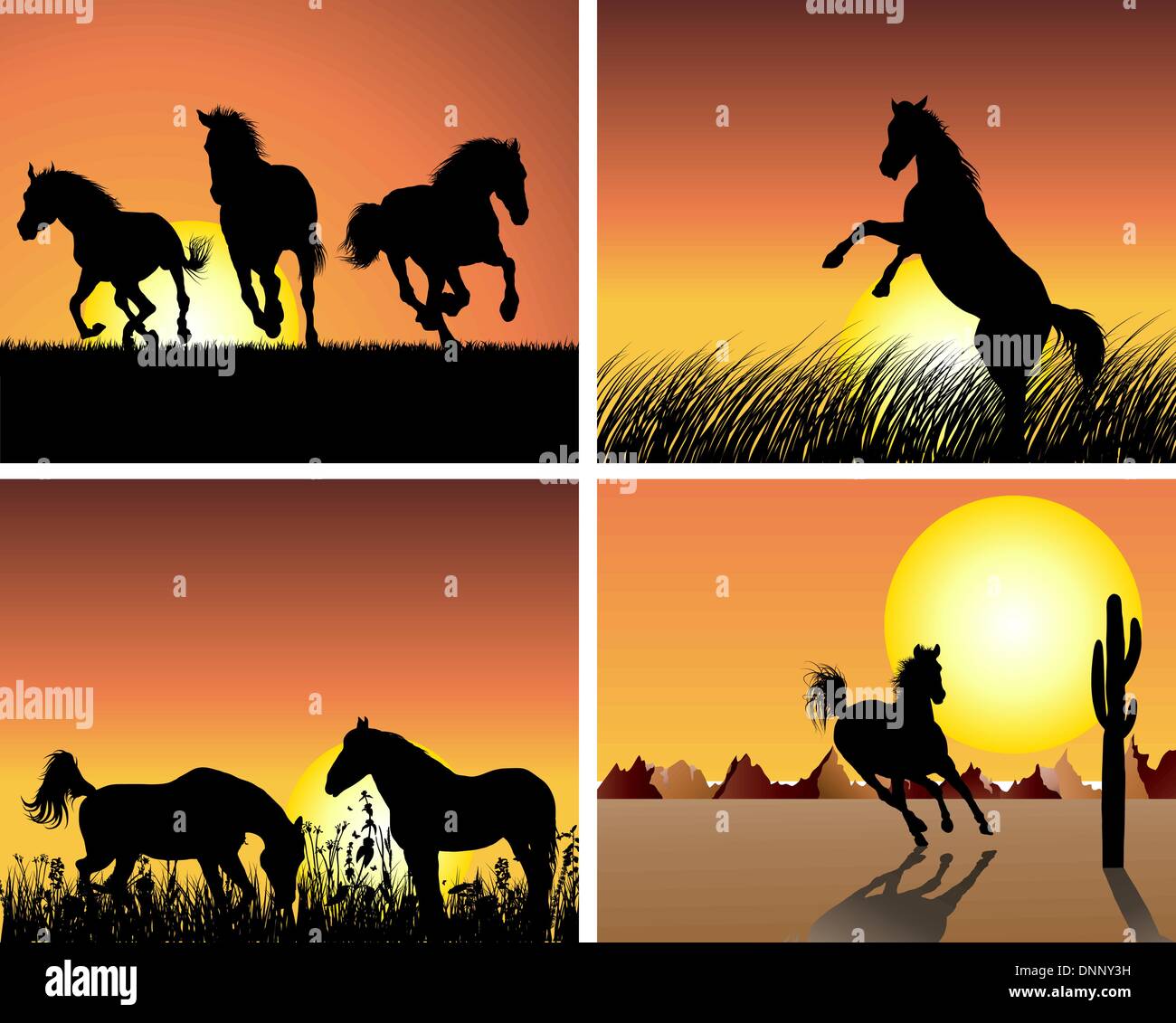 Horse silhouette on sunset background. Vector illustration. Stock Vector