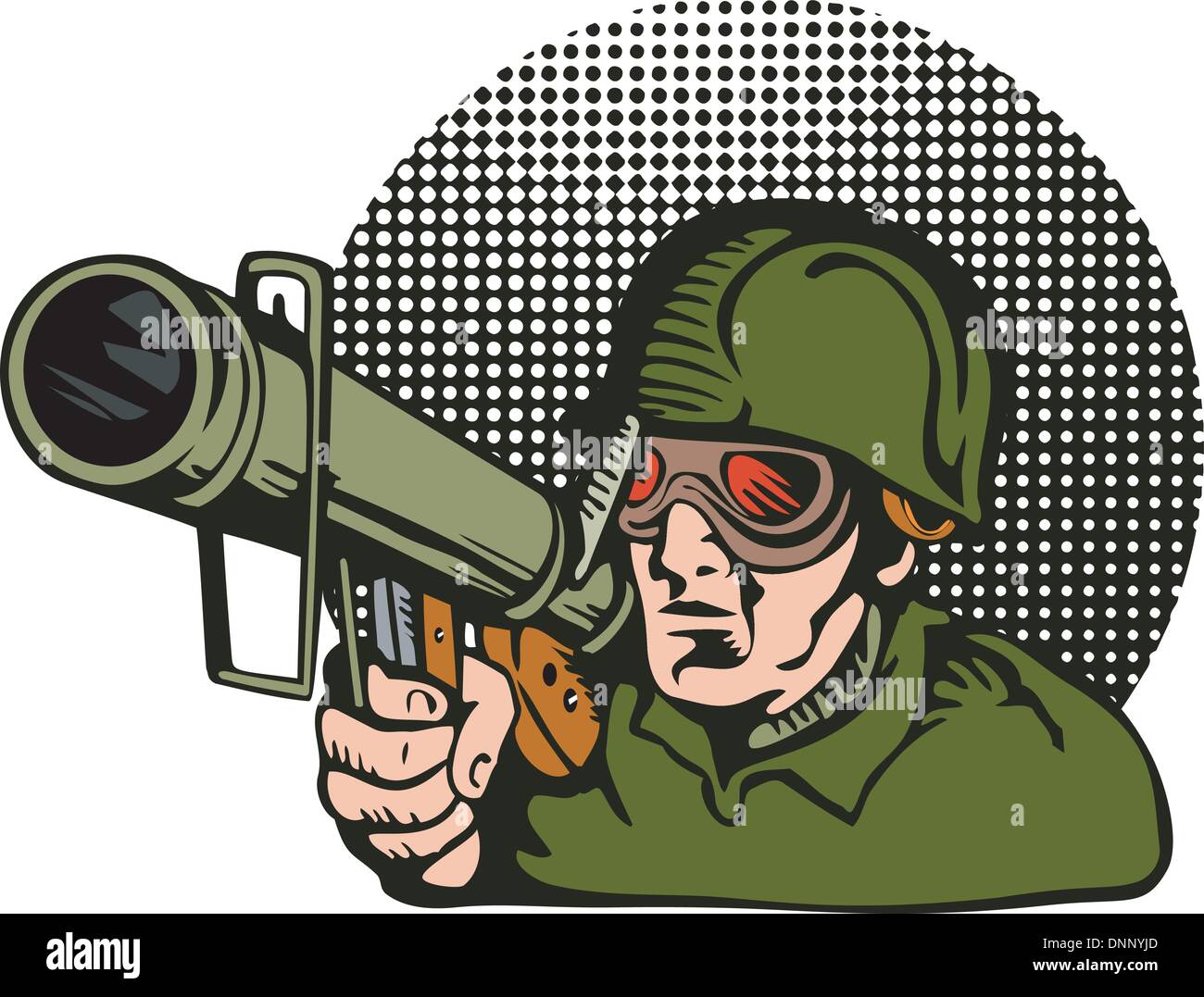 Illustration of soldier aiming a bazooka shooting done in retro style. Stock Vector