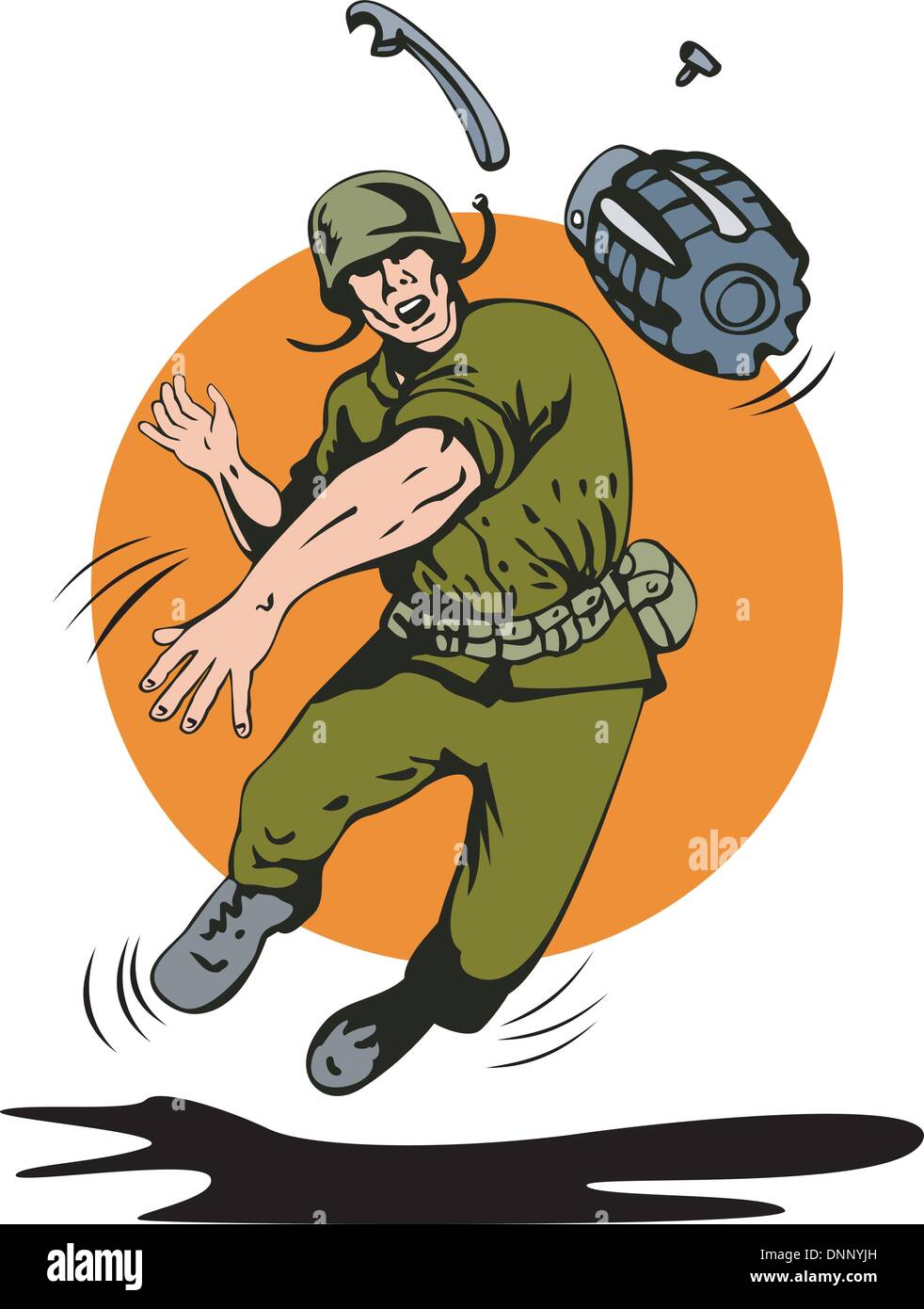 Illustration of soldier throwing hand grenade front view set on