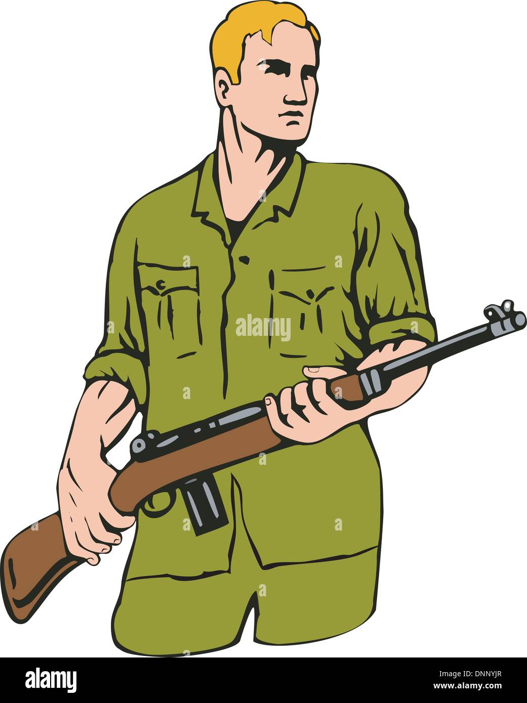 Illustration of soldier holding a gun isolated on white background done