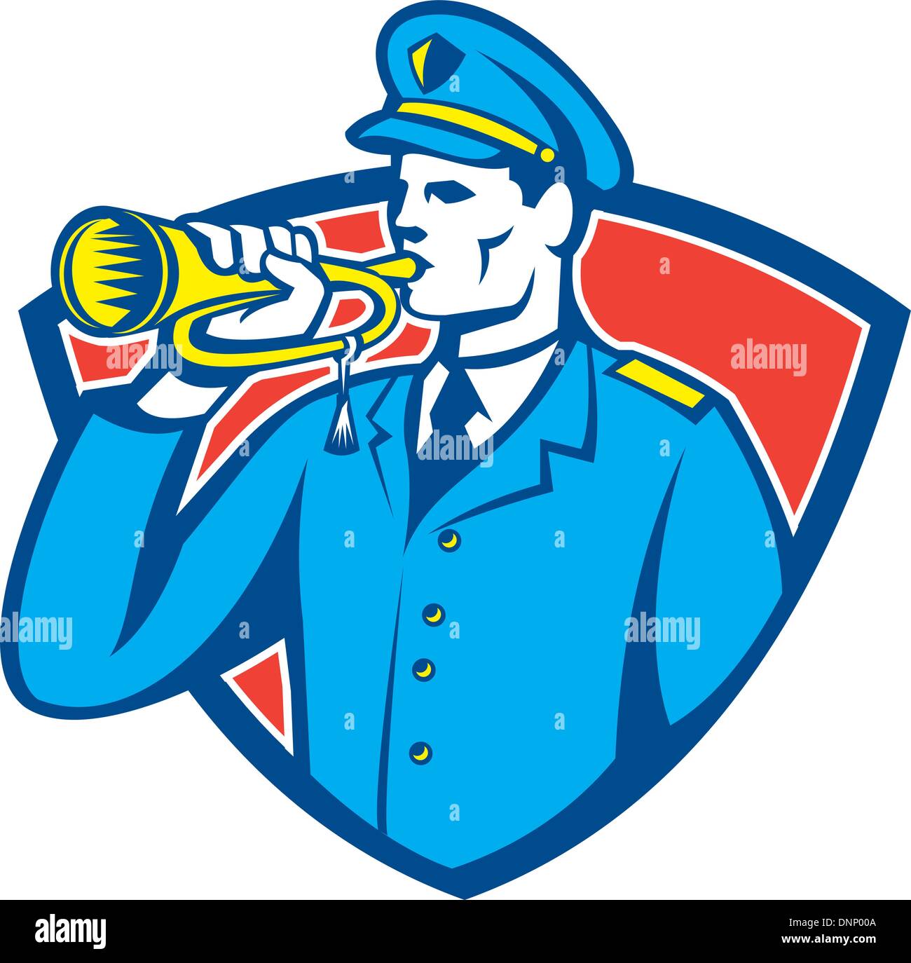 Illustration of a soldier military police personnel  blowing a bugle set inside crest shield done in retro style. Stock Vector