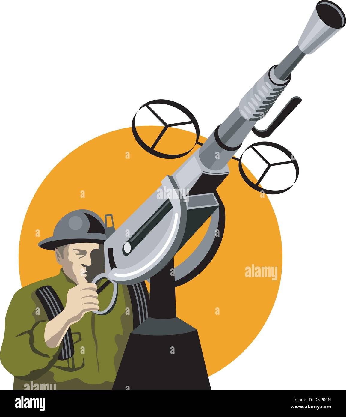 Illustration of a world war two british soldier with anti-aircraft machine gun cannon done in retro style. Stock Vector