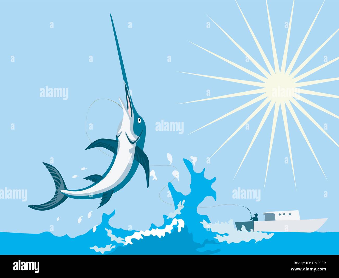 Illustration of a swordfish jumping sideways with sun and fishing boat