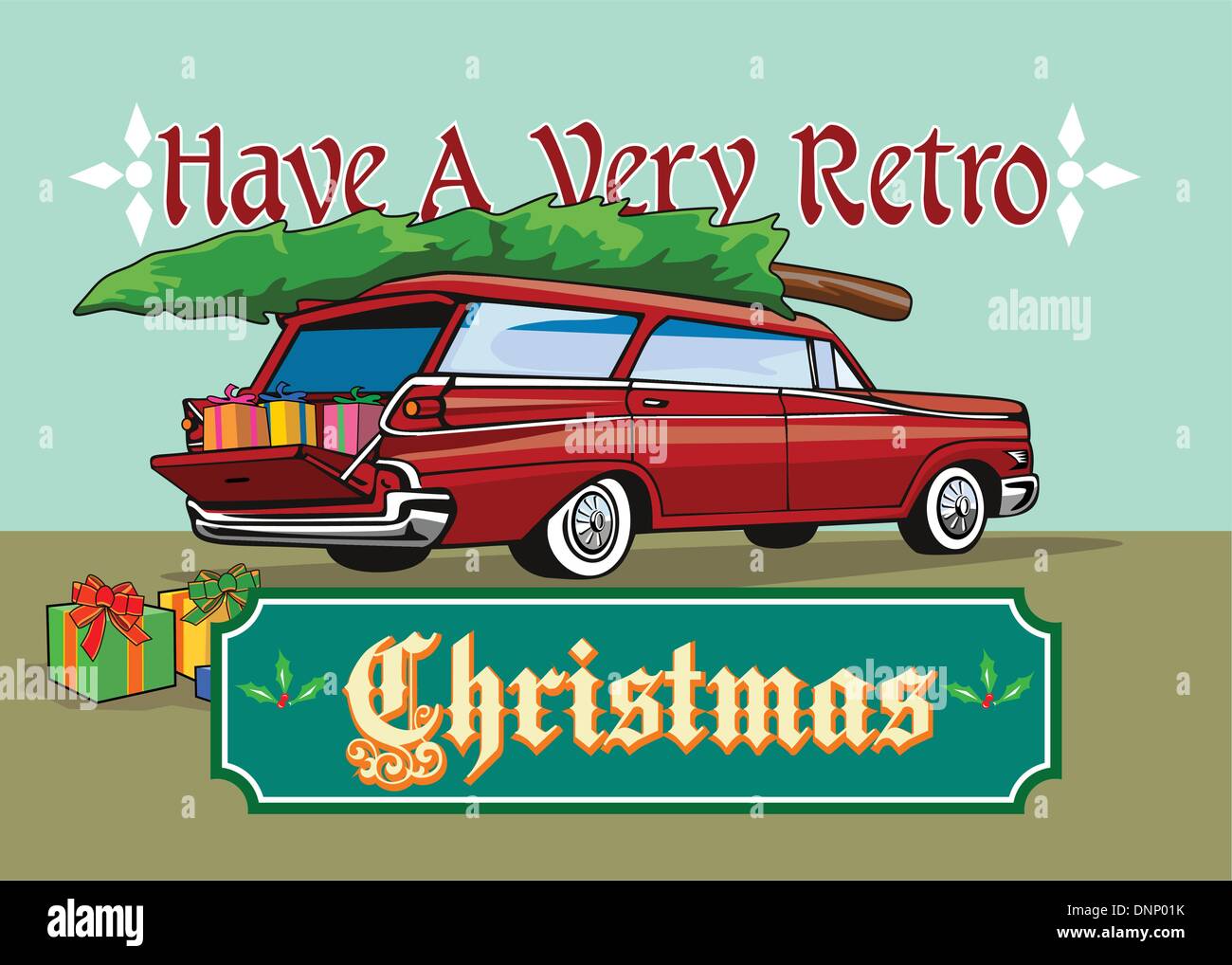 Greeting card poster illustration showing a christmas tree on top of vintage station wagon automobile with gifts presents in the car boot and words Have a very retro christmas'.' Stock Vector