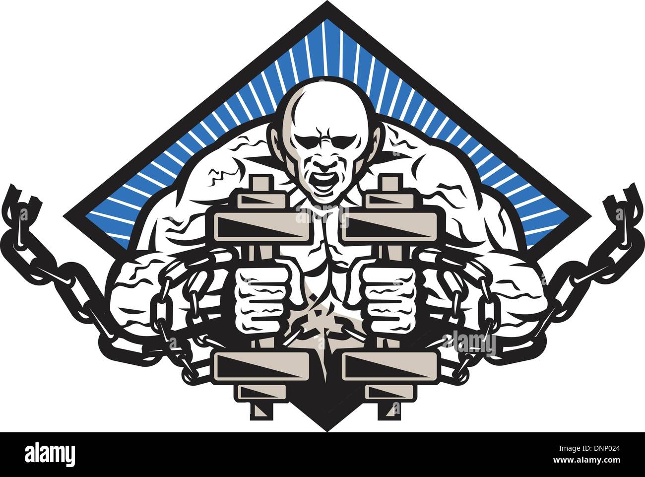 Illustration of a strongman with two dumbbells bound in chains breaking them facing front set inside diamond done in retro style. Stock Vector