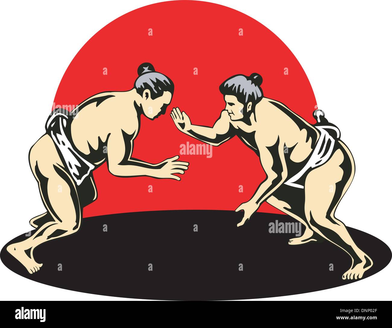 Illustration of two Japanese sumo wrestlers fighting isolated on white background. Stock Vector