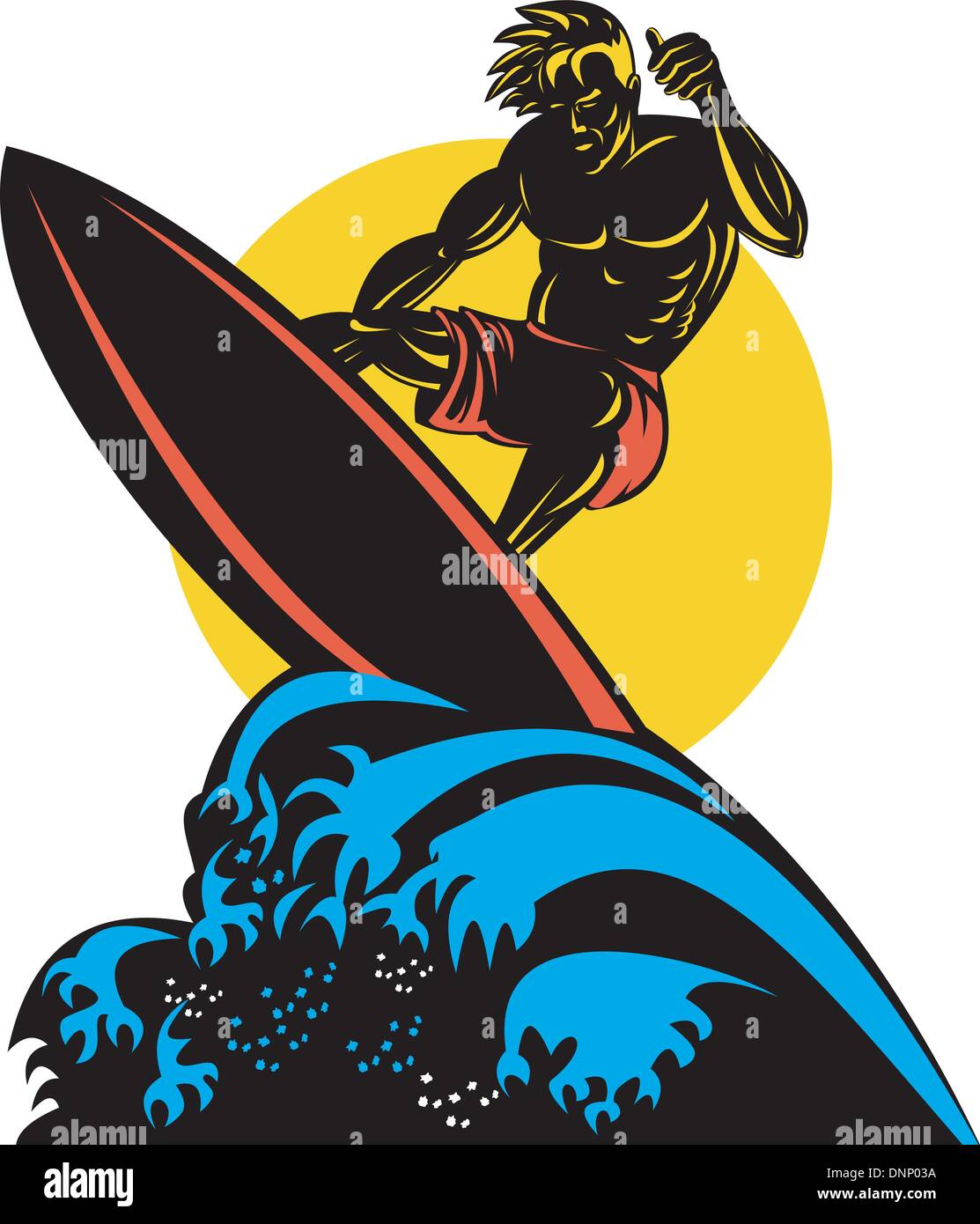 Illustration of a surfer on a wave with a sun behind him done in retro ...